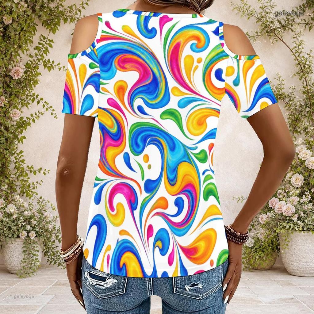 Women Plus Size Keyhole Ring Neck Cold Shoulder Short Sleeve Abstract Printed Top