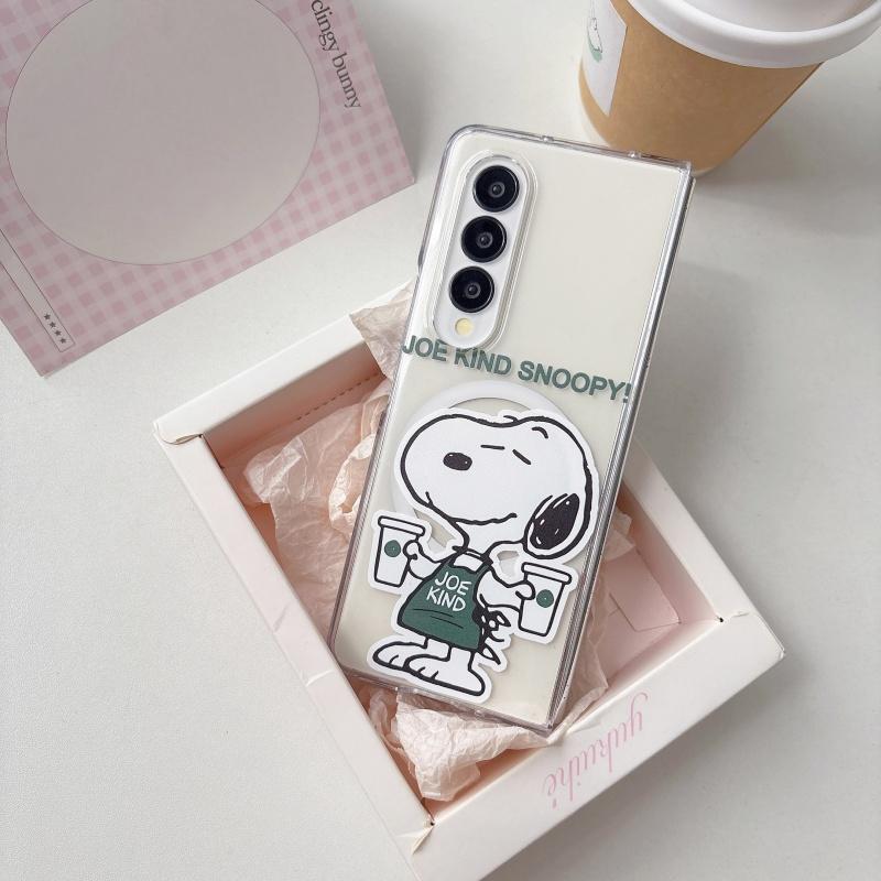 Hot Cute Cartoon coffee Snoopy Magsafe Wireless Charge Folding Phone Case For Samsung ZFold 3 4 5 6 ZFold7 Snoopy Magnetic Stand