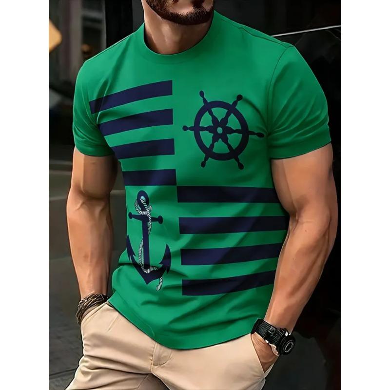 Nautical Anchor Rudder Striped Men's Crew Neck Short Sleeve T-Shirt, Navy Casual Top