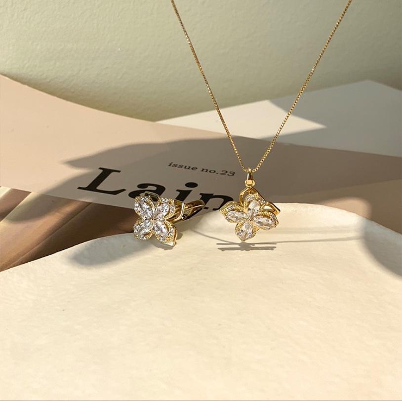 925 Silver Rotating Four-Leaf Flower Earrings, Necklace, and Ring Set for Women