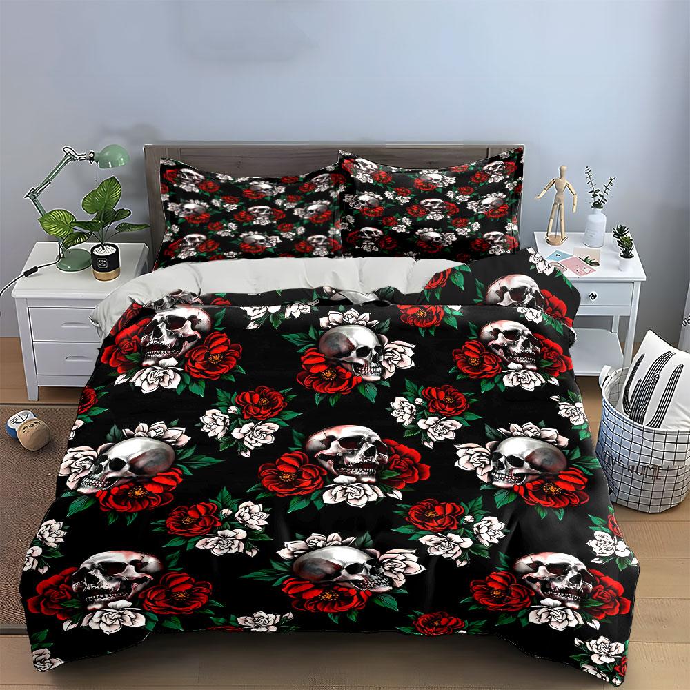 Skull And Floral Gothic Decor Set Exquisite Three-Piece Bedding Set Gift For Kids And Adults