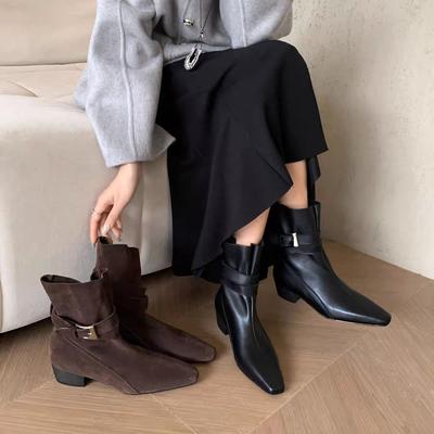 Retro Huge Good-looking Low-heeled Thin Boots Early Autumn Foreign Coffee-colored Suede Old Money Wind Small Short Boots