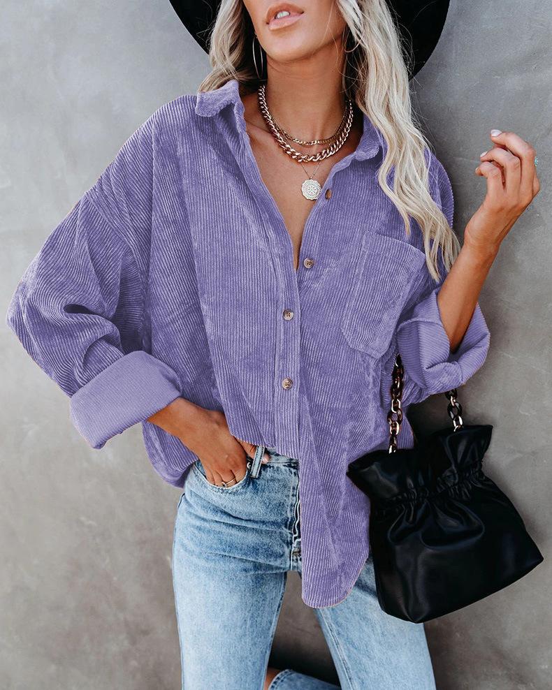 Damer Casual Manchestervårdblus Randig Damer Skjortjacka Vintage Knapp Ficka Lös Mode Blusar Toppar Plus Size