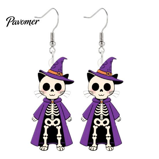 Hypoallergenic Silver Hooks 1 Pair Halloween Skeleton Cat Drop Dangle Earrings for Women, Cute Acrylic Witch Hat Skull Hoop Earring, Theme Jewelry