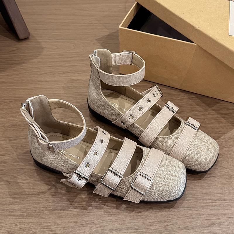 

Fashion Dark Style Mary Jane Women s Ballet Shoes 3cm Heightening Designer Style Versatile Rivet Decorated Retro Flat Heel Footwear 35 бежевый