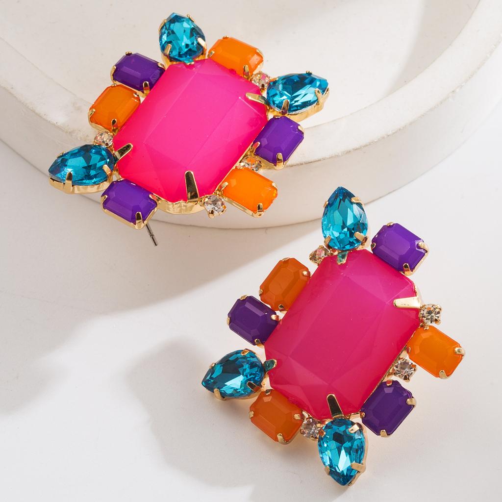 European and American New Fashion Exaggerated Earrings Super Shiny Alloy Inlaid with Colorful Diamonds Personality Long Prom Earrings