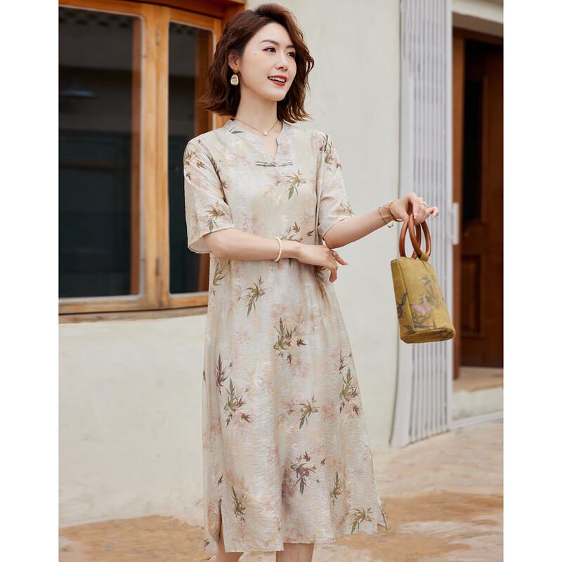 2025 Summer New Chinese Style Slit Short Sleeve Dress for Mid-Aged Women