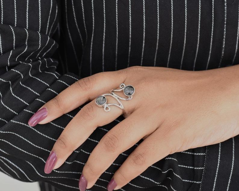 Solid 925 Sterling Silver Black Rutile Round Gemstone Boho Designer Women Fashion Handmade Ring Jewelry