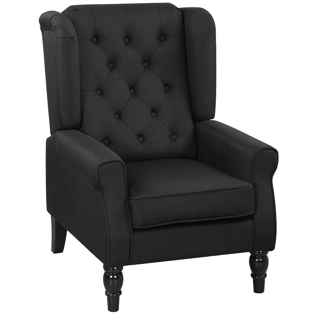 Retro Accent Chair, Linen Wingback Armchair with Wood Frame Button Tufted Design for Living Room Bedroom, Black