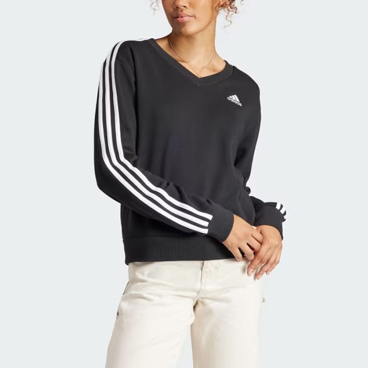 adidas Women's Essentials 3-Stripes V-Neck Sweatshirt Black IQ4835