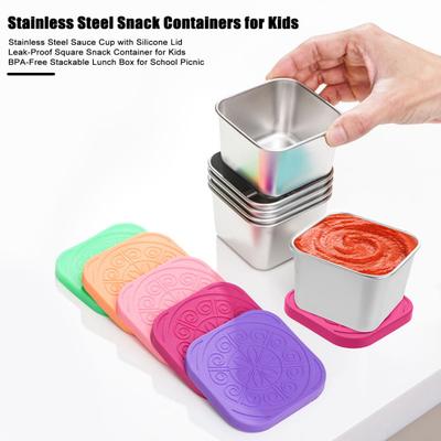 Stainless Steel Sauce Cup with Silicone Lid  Leak-Proof Square Snack Container for Kids BPA-Free Stackable Lunch Box for School Picnic