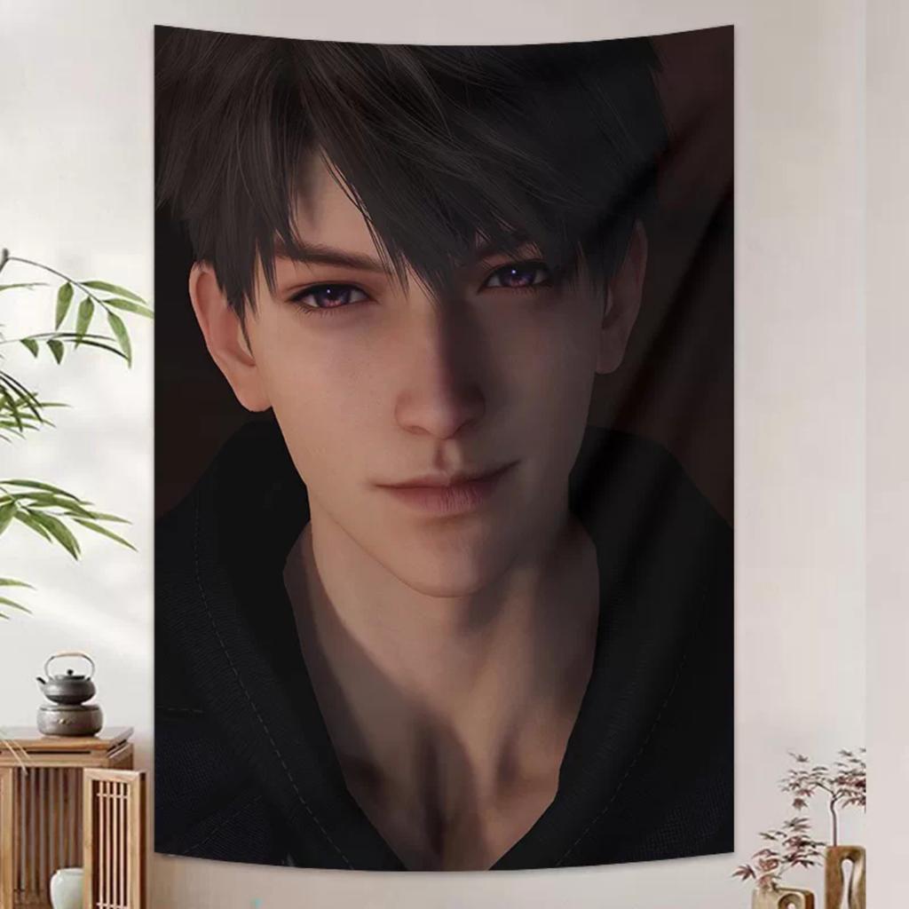 Love and Deepspace Xia Yizhou Tapestry, Game Character Wall Hanging, Black Cool Style Background Cloth for Bedroom Dorm