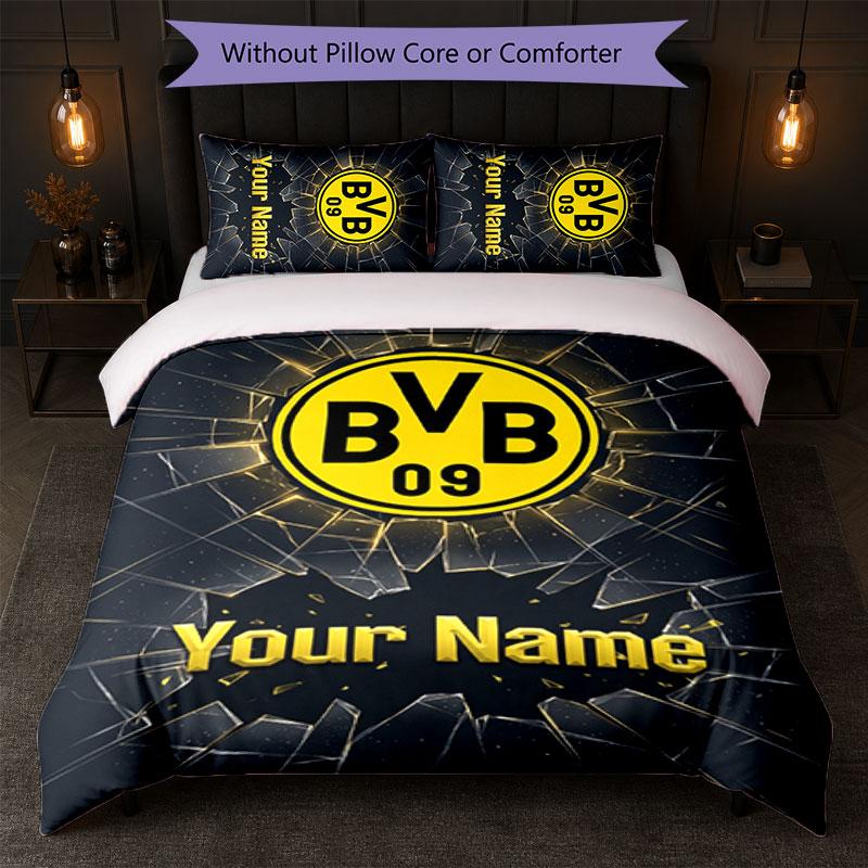 Set Biancheria da Letto Personalizzato Borussia Dortmund con Nome Testo 1 Copripiumino+2 Federe Logo Calcio Regalo Personalizzato per Occasioni Speciali Decorazione Camera da Letto