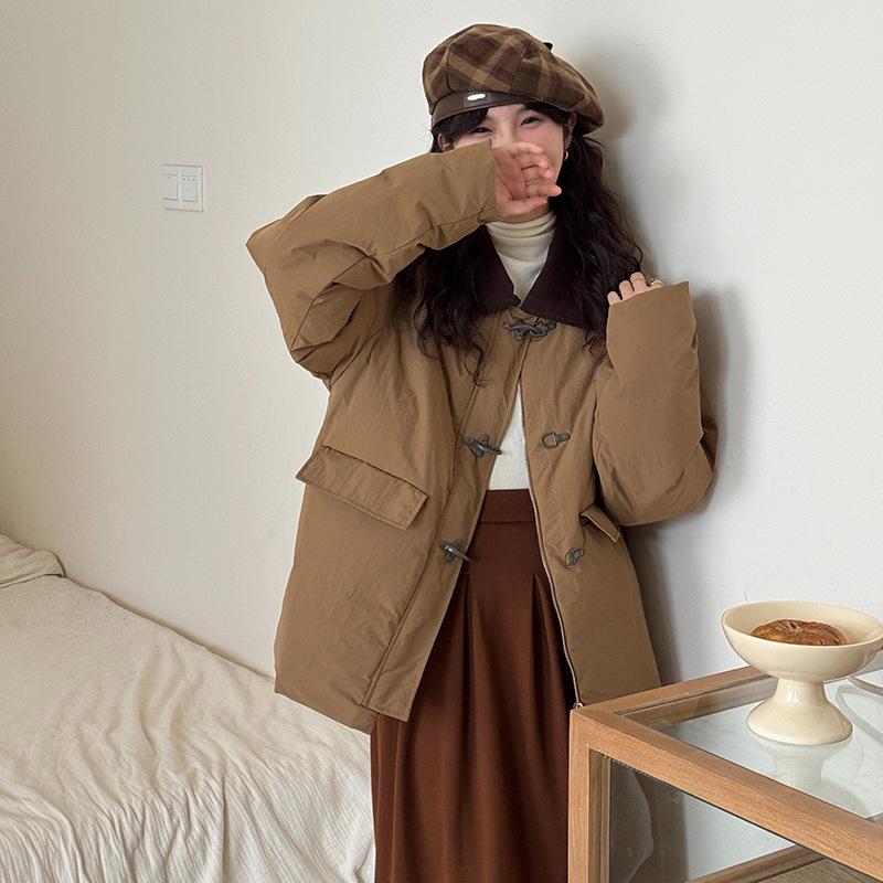 

Lapel small fragrant down jacket women s 2025 winter fashion corduroy splicing thickened aircraft buckle jacket tide One Size