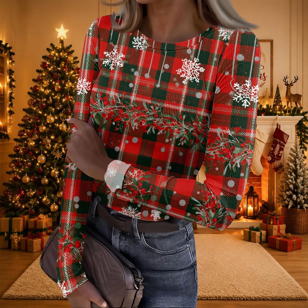 Women's Casual Christmas Print Long Sleeve Ribbed Knit Top with Round Neck