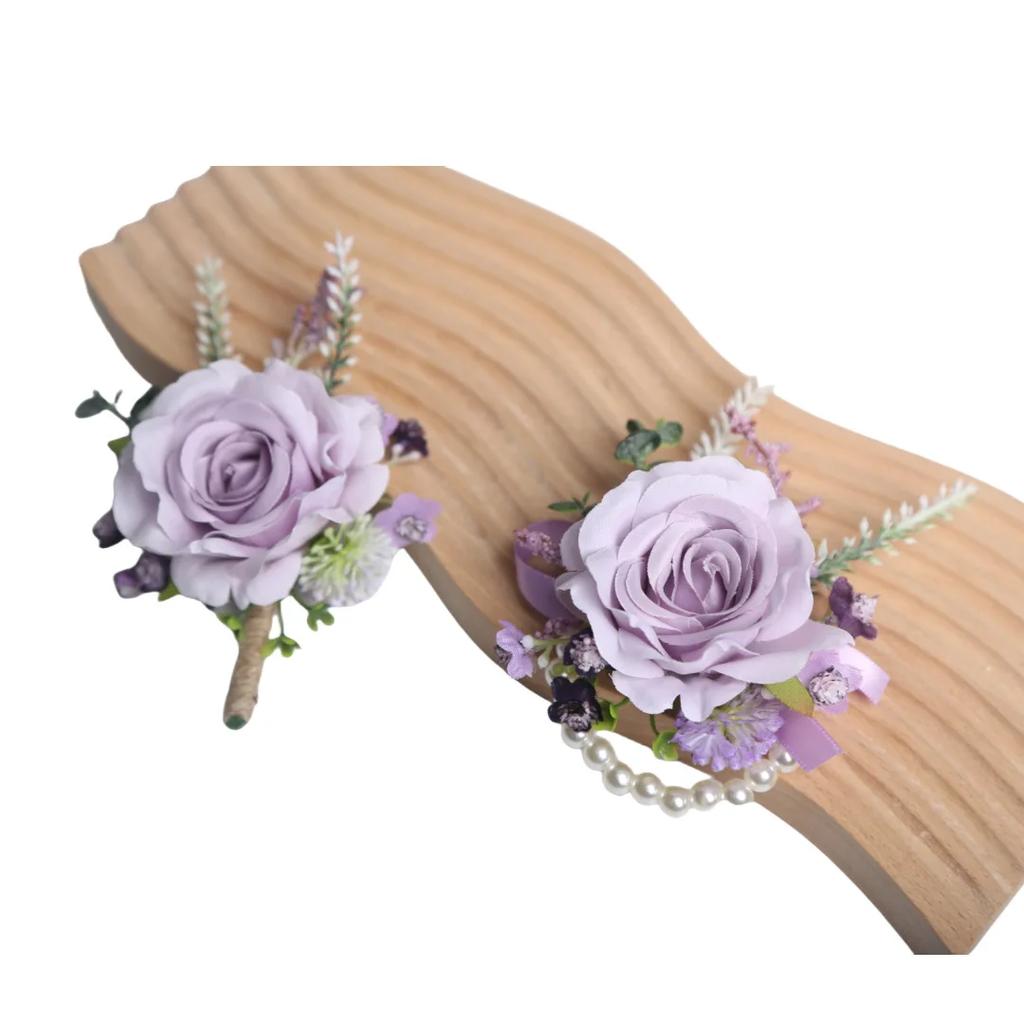 6pcs Rustic Artificial Rose Boutonniere Corsage Set Dusty Rose White Wristband Prom Suit Flowers for Wedding Ceremony