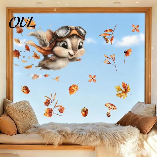 Static Window Decals of Forest Animals Autumn Sticker with Cute & Maple Leaves, Removable Harvest Pastoral Theme Art Festival Clings, Waterproof