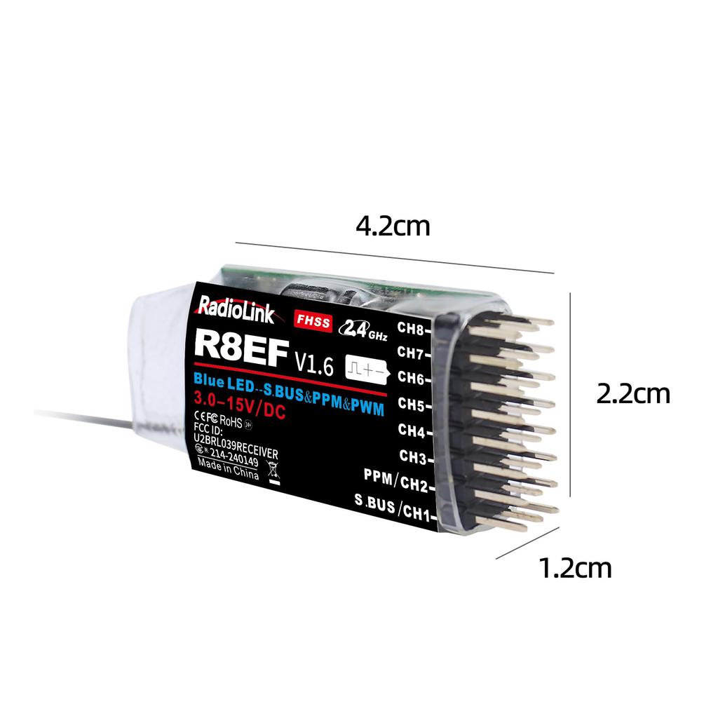 Radiolink R8EF Receiver, 2.4GHz RC 8-Channel SBUSPPMPWM Receiver with Voltage Telemetry and 2000M Long-Range Control for RC Airplanes and Robots,