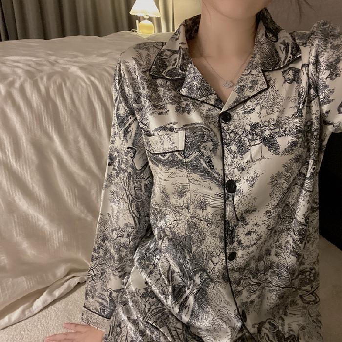 Autumn Spring Ice Silk Pajamas Women Sleepwear Long Sleeve Casual Nightwear Pyjamas Suit Home Clothes Floral Printed Sleep Set