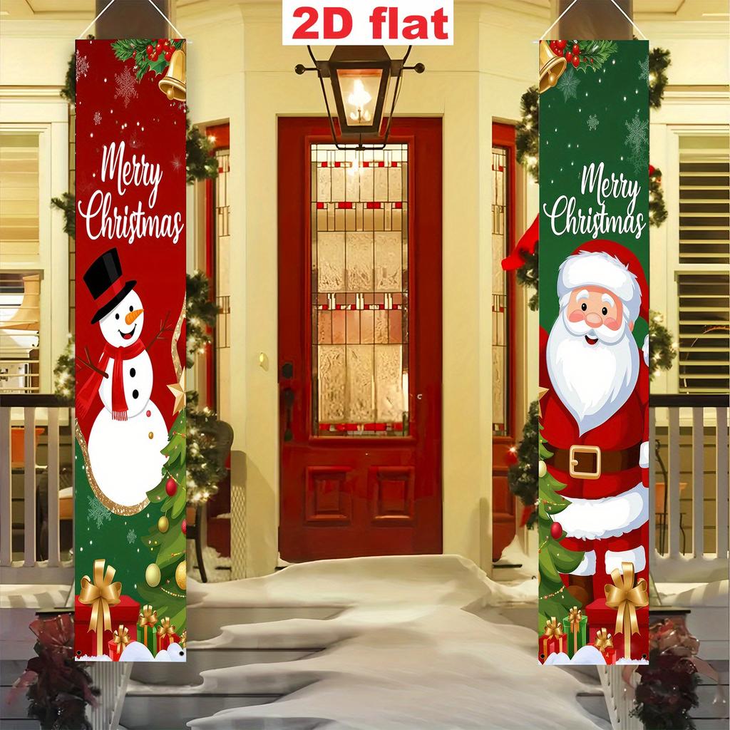 Merry Christmas Door Banner Couple Snowman Santa 1 Pair Polyester 30x180cm Indoor Outdoor Decor