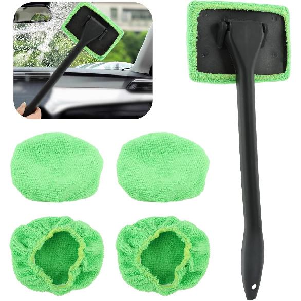 Car Windshield Cleaning Tool, Windshield Cleaner with 5 Reble Microfiber Pads and Extendable Handle, Auto Glass Wiper Kit for Interior/Exterior Dirty
