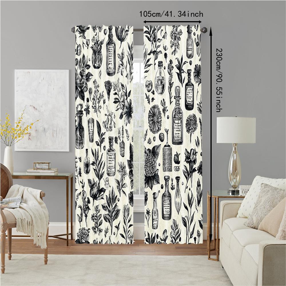 2 Pcs, Versatile Polyester Transparent Curtains for Home Decoration Black and White Floral Pattern for Use In Bedrooms and