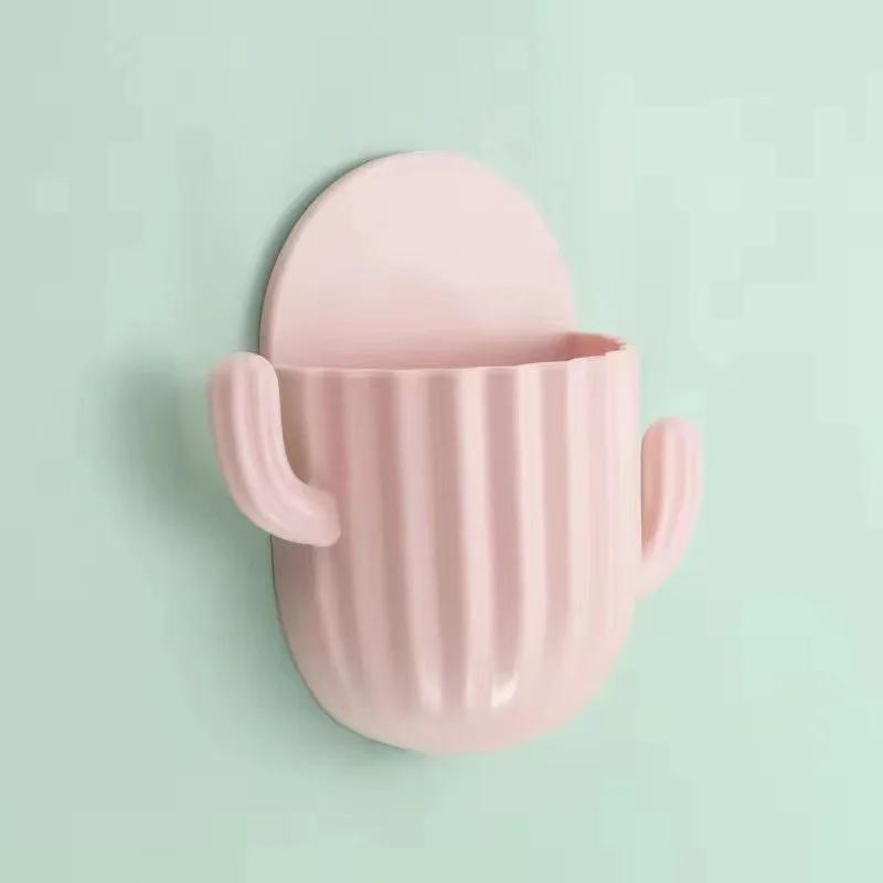 Toothbrush Holder Wall Self-adhesive Seamless Cactus Storage Rack Box Bathroom Organizer Shelf Mobile Phone Closet Organizer