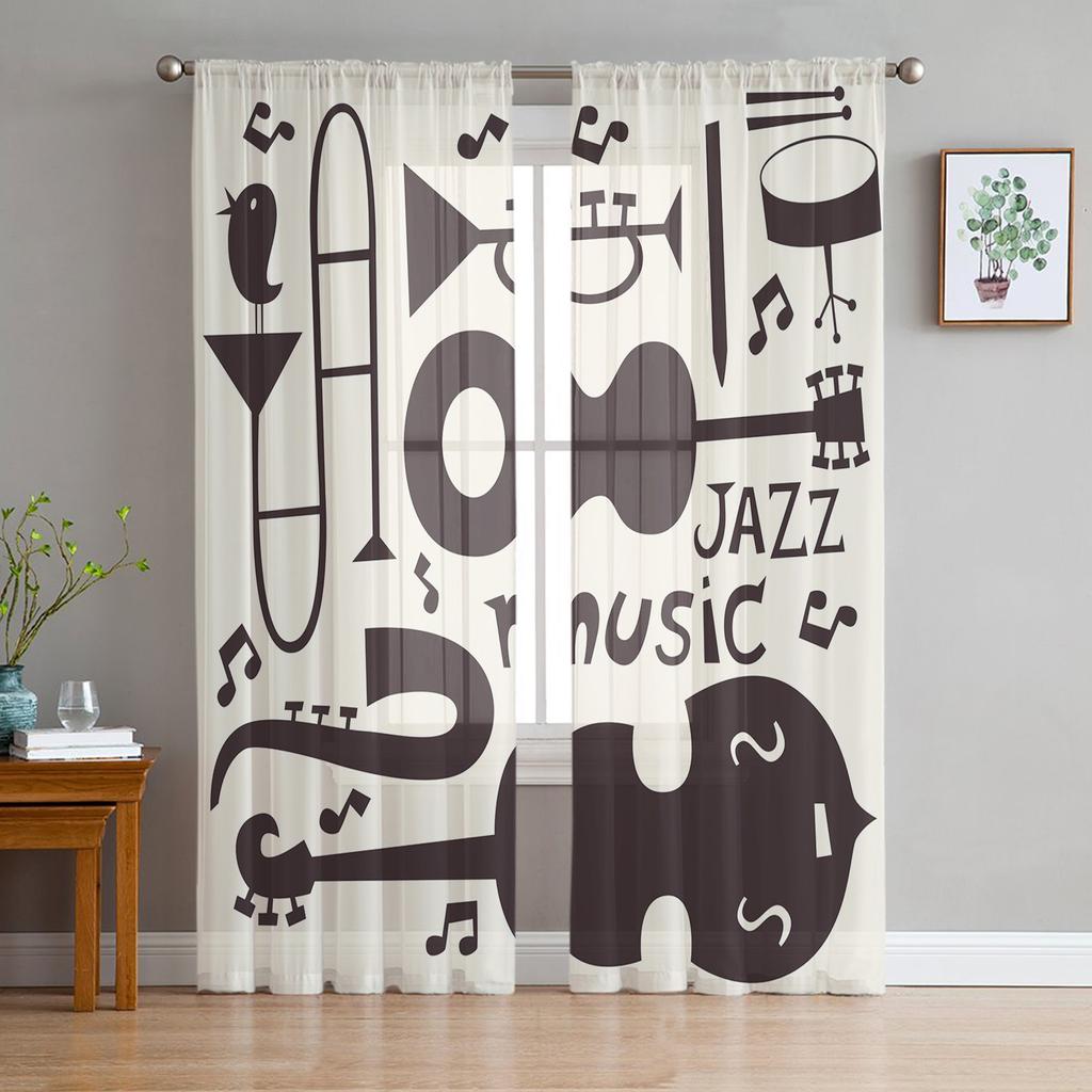 Retro Music Poster With Vinyl Gramophone Chiffon Sheer Curtains for Living Room Bedroom Window Curtain Voiles Tulle Cortinas