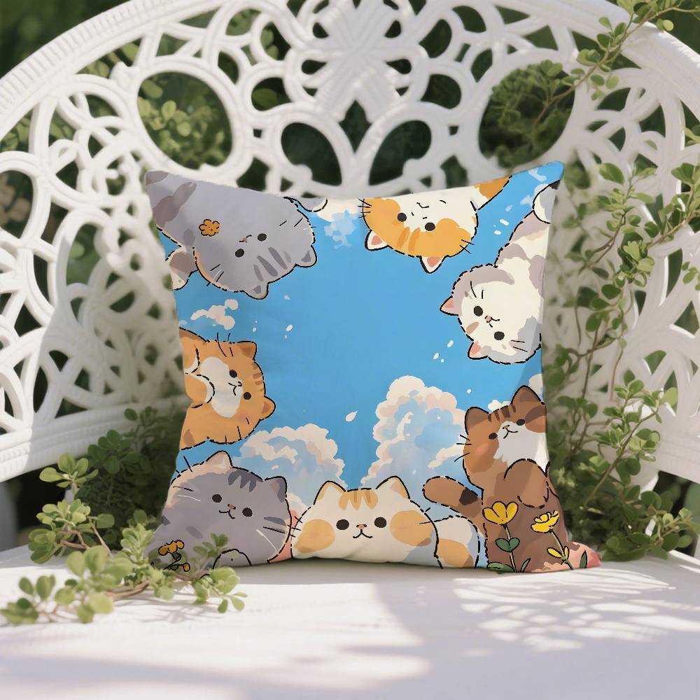 Cartoon Cute Cat Picture With Fresh Pillow Case Anti-dustmite Pillowcase Invisible Zipper Silky Short Plush Sofa Cushion Cover