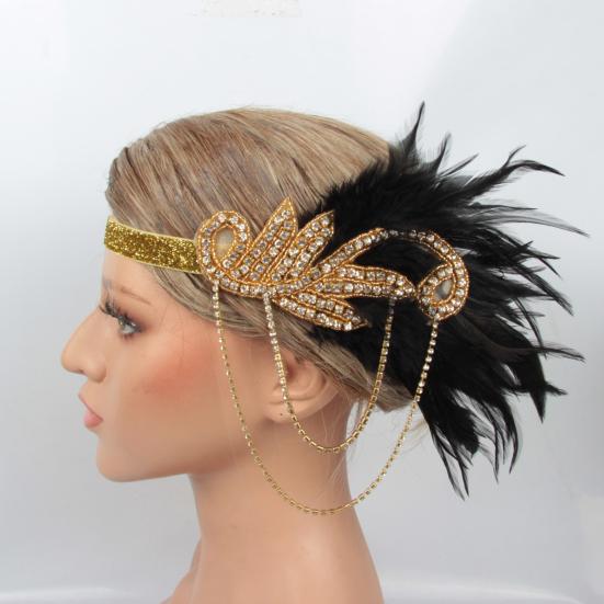 Fascia Per Capelli Con Piume E Cristalli - Cerchietto Vintage Flapper Gatsby Anni '20 - Accessorio Donna Per Feste A Tema E Matrimoni