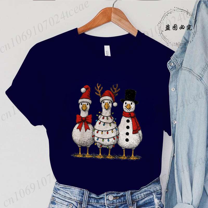 Vintage Jul Gås Tryck Unisex T-shirts Kläder Rund Hals T-shirt Kort Ärm Avslappnad Topp Tomte Gås Unisex Kläder