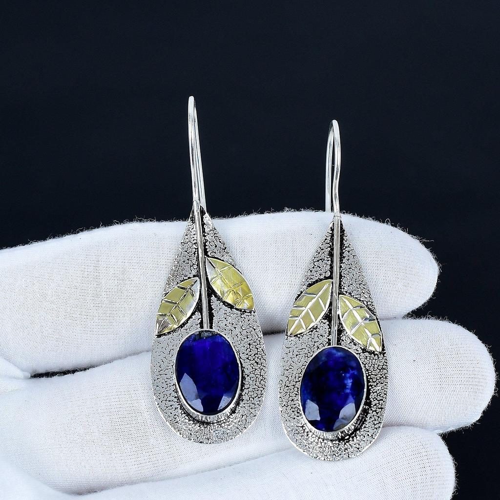 Blue Sapphire Gemstone Earrings, 925 Sterling Silver Earrings, Handmade Silver Earrings For Gift, Sapphire Dangle Earrings Valentine's Day Gift