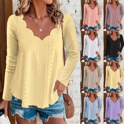 Damen V-Ausschnitt Langarm Locker Bluse Freizeit Durchbrochene Oberteile Mehrere Farben