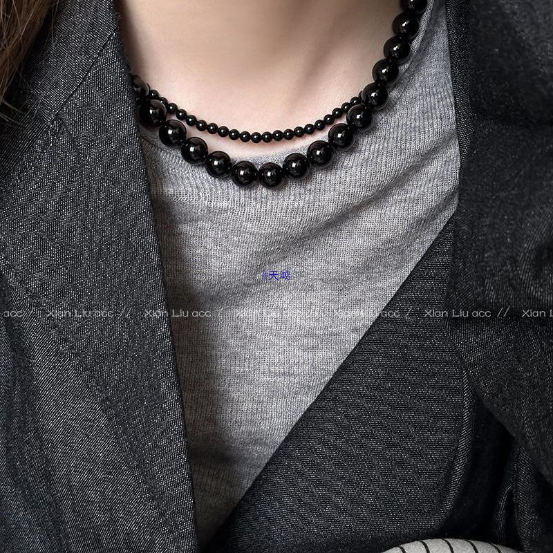2025 Sense Layered Black Agate & Pearl Necklace - Light Luxury Women's Clavicle Chain Accessory