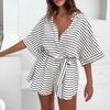 Women's Fashionable Casual Loose And Comfortable Tie Waist Open Collar Five Quarter Sleeve Jumpsuit