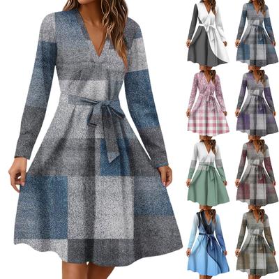 Women's Fashion Casual V-Neck Long Sleeve Waist Plaid Print Midi Dress