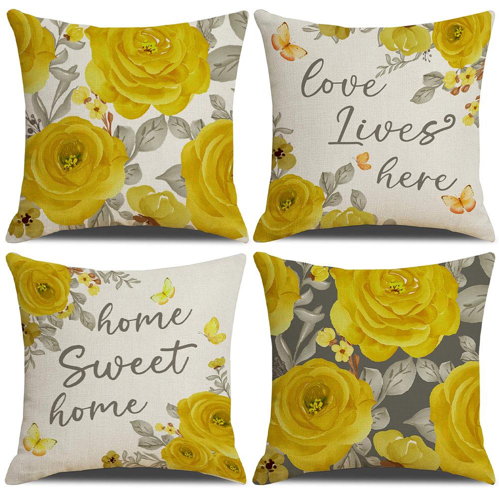 New Spring and Summer Gray Flowers Letter Linen Pillowcase Modern Sofa Cushion Bedroom Pillow