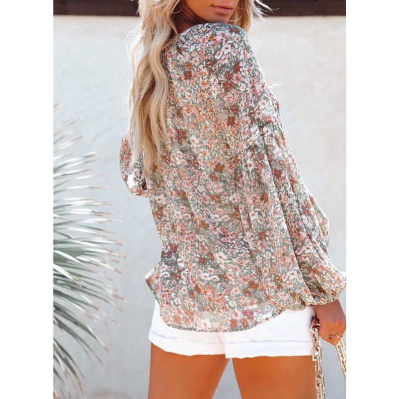 YYFS Women's Fashion Casual Spring Autumn Flower Pattern Print Long Sleeve V-Neck Blouses & Shirts