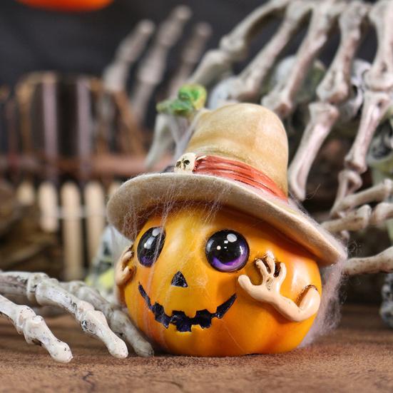 Halloween Pumpkin Ornament Spooky Resin Pumpkin Statue with Hat Spider Skull for Halloween Home Tabletop Decor