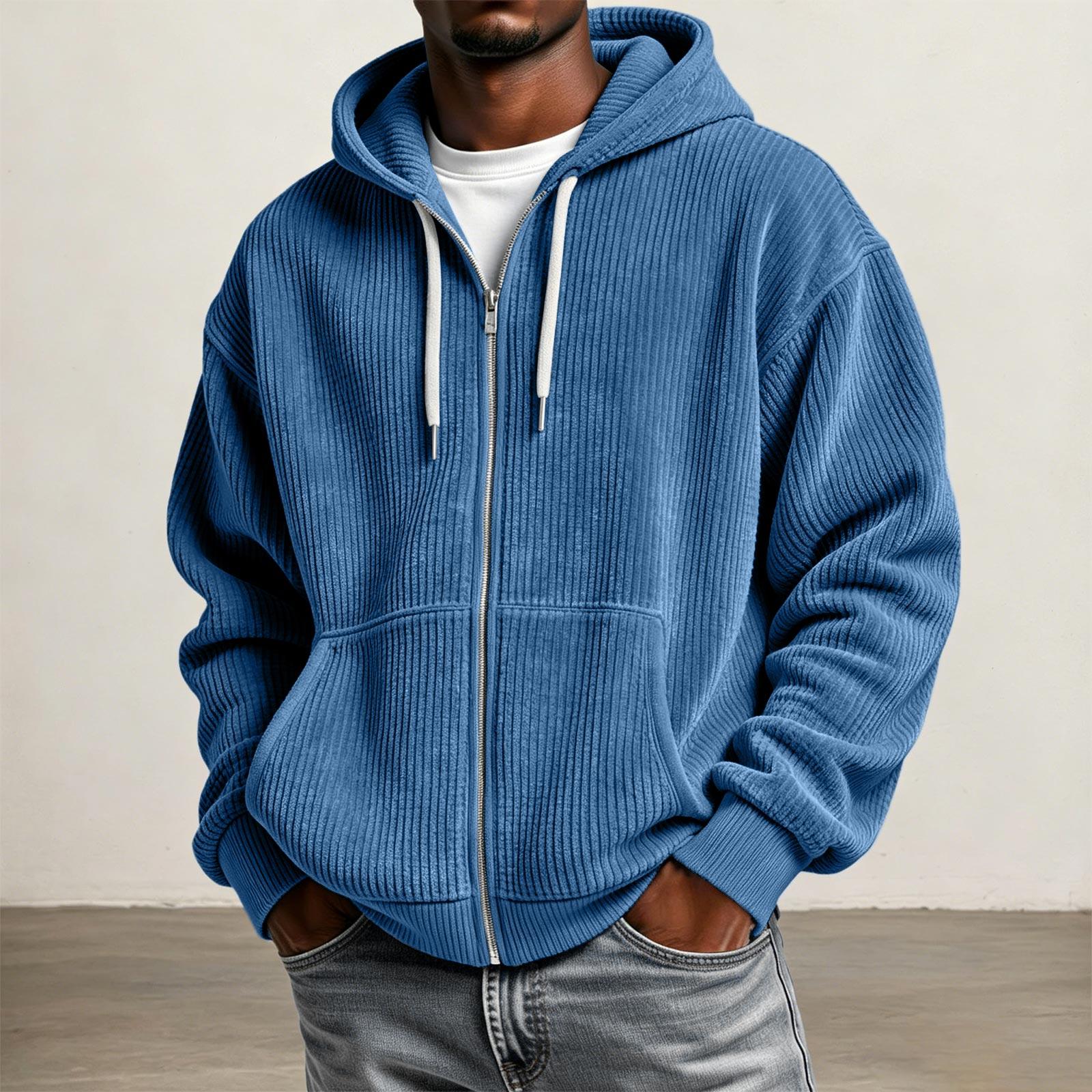 Men s Corduroy Zip Up Hoodie with Dropped Shoulder XXL синий