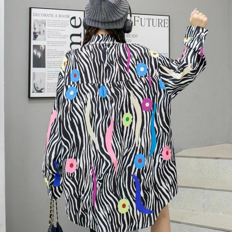 Thailand Tide Brand Autumn New Heavy Industry Bead Printing Long-sleeved Shirt Women's Medium and Long Loose Shirt Cross-border