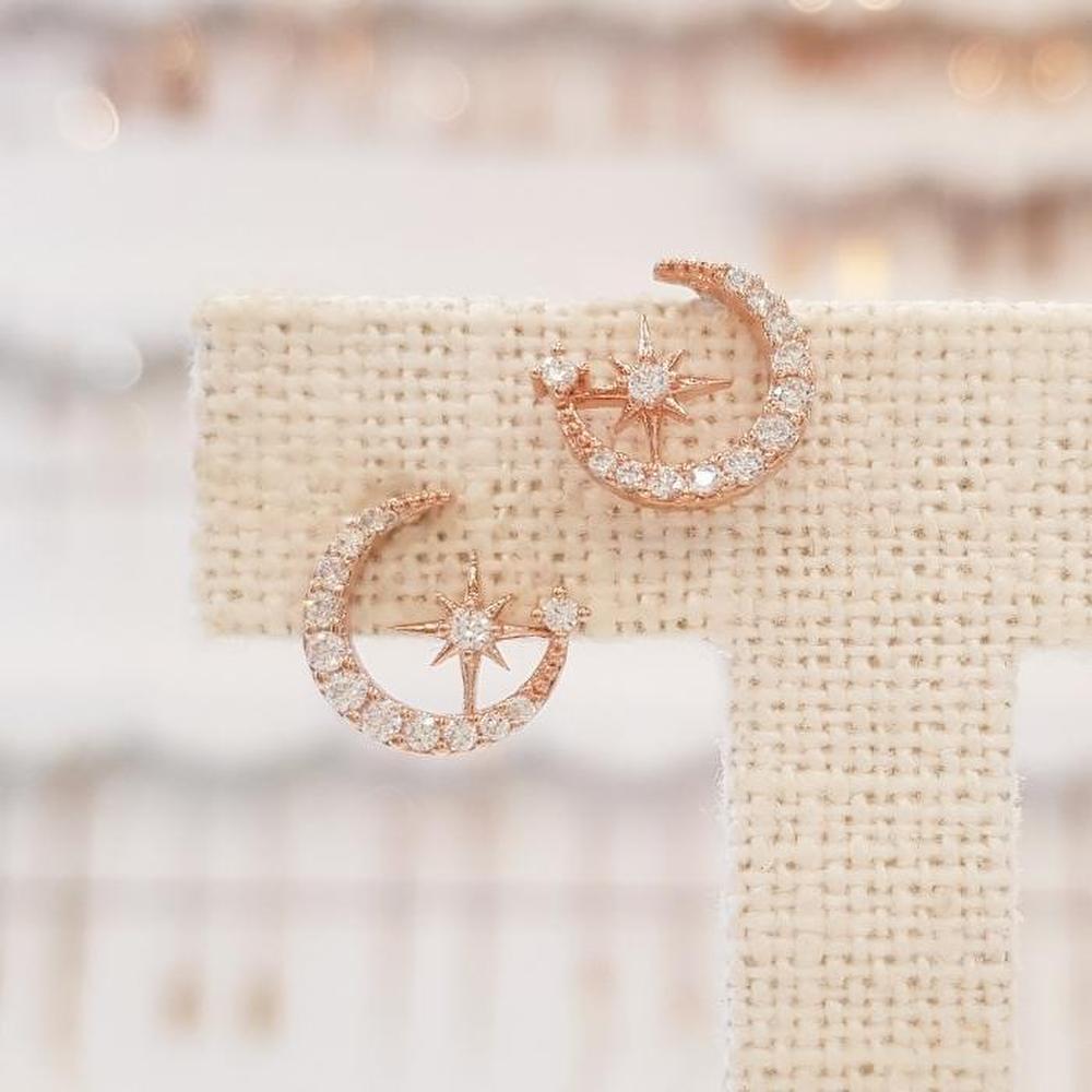 Volare Star Moon Cubic Silver Needle Earrings (Spe723) (8864149)