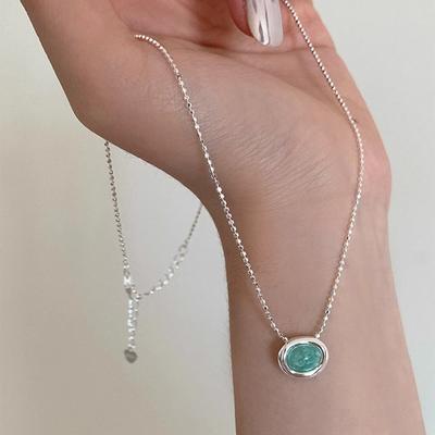 925 Silver Necklace Green Blue Irregular Pendant Elegant Choker for Women Girl Jewelry Gift