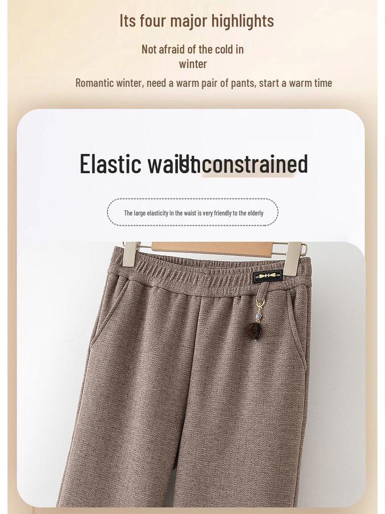 2025 Autumn/Winter Plus Velvet Thickened Elastic Waist Straight-Leg Casual Pants for Middle-Aged and Elderly Women