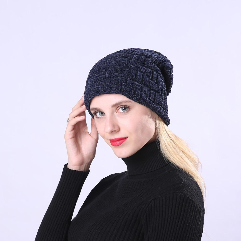 Zimní dvouvrstvý plyšový zahuštěný dámský žinylkový pulovr venkovní pletená čepice