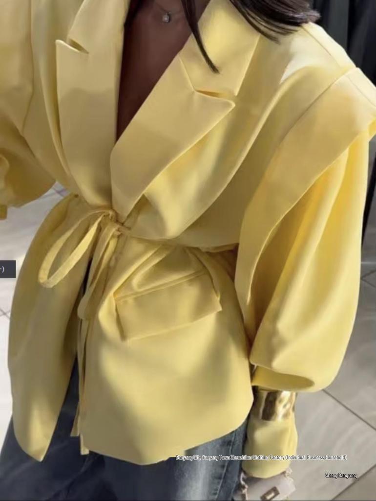European & American Women's Fashion Commuter Waist-Tie Shoulder Pad Blazer