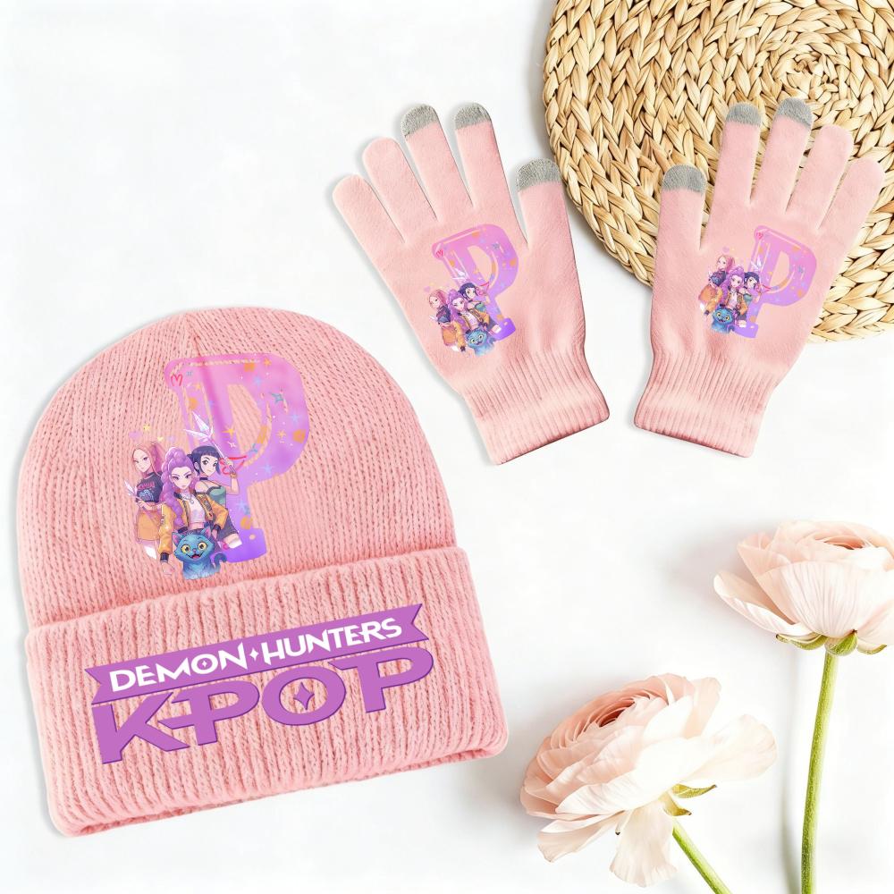 2 Pcs Kpop Demon Hunters Letter Printed Knitted Cap and Mittens Collection Thickened Windproof Warm Cold Season Accessories designed for Girls