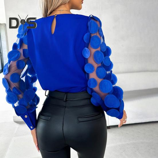 Fall Spring Women Shirt See Through Mesh Solid Color Round Neck Flower Decor Long Sleeve OL Commute Style Pullover Elegant Women Blouse