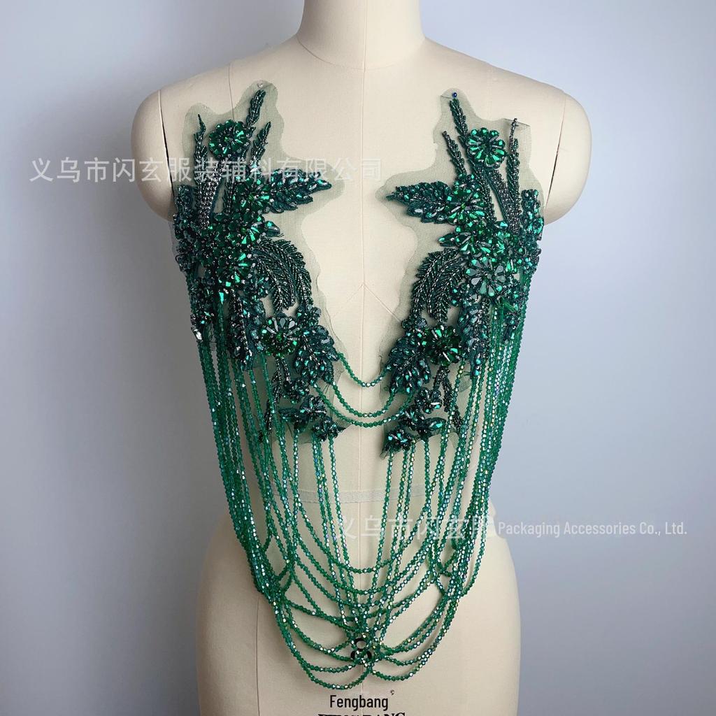 Handmade Beaded Tassel Wedding Dress Shoulder Ornaments with Crystal Diamond Lace Applique