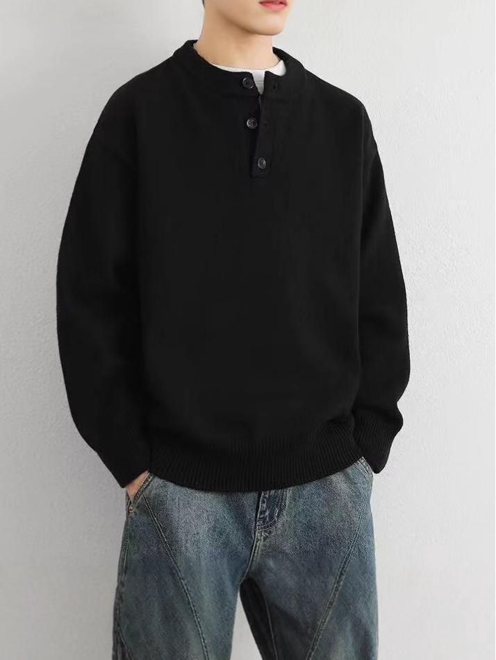 Men's American Retro Henley Collar Sweater: Autumn/Winter Clean Fit, High-End Feel, Solid Color Base Layer Knitwear